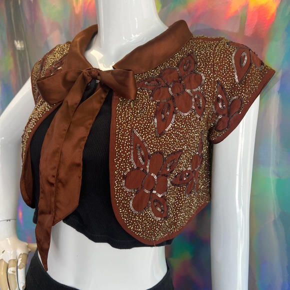 Topshop Brown Sequin and Gold Bead Cropped Shrug - Picture 10 of 12